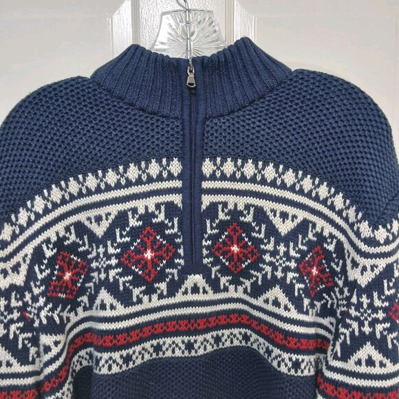 IZOD Sweater Men L 1/4 Zip Fair Isle Nordic Pullover Ski Navy Blue Preppy Chunky - Picture 15 of 16